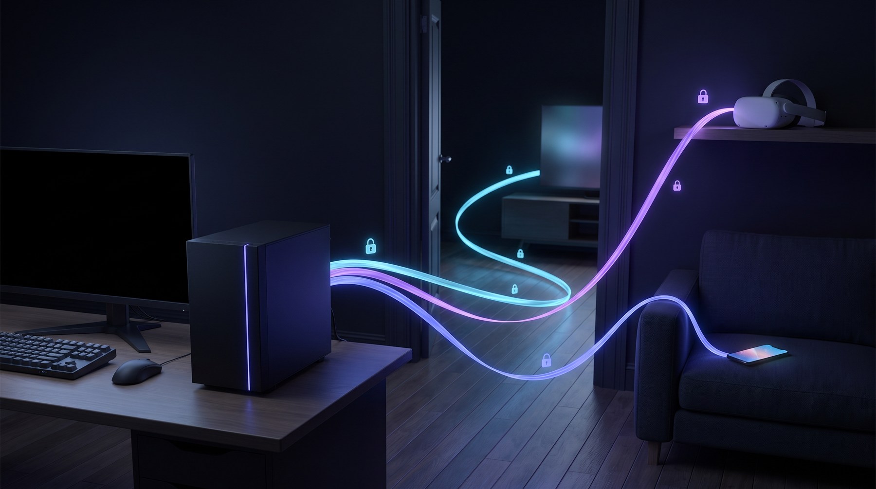A PC tower beside a sleeping monitor at night, with ribbons of light flowing out to a TV in the next room, a phone on the sofa and a VR headset on a shelf