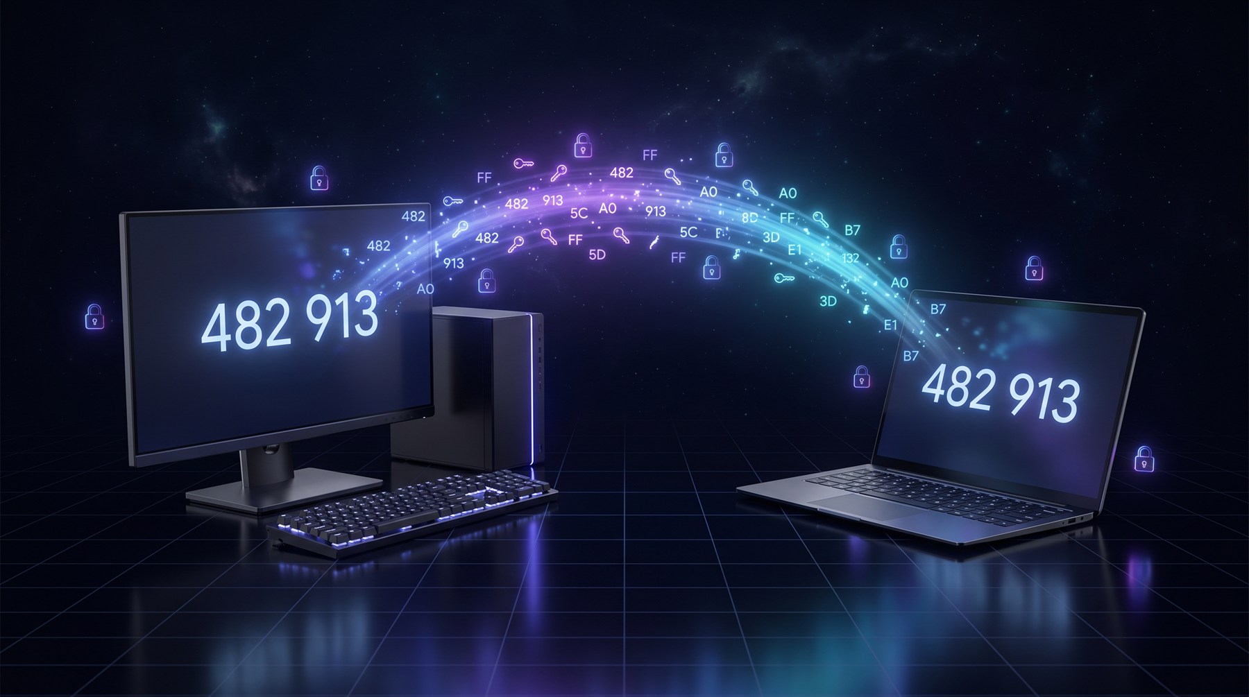 Two computers facing each other, both displaying the same pairing code, joined by a glowing stream of keys and padlocks