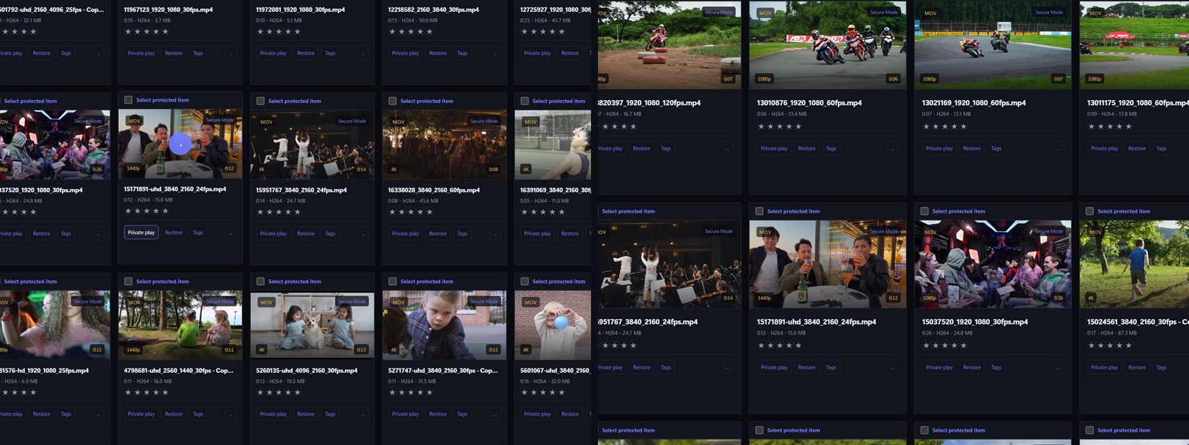 The same library at two thumbnail sizes side by side — compact tiles on the left, large tiles on the right